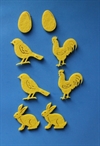 8 stk.Gule Filt Påske  pynt fordelt på høns, fugle, æg, hare/kanin. Flade.